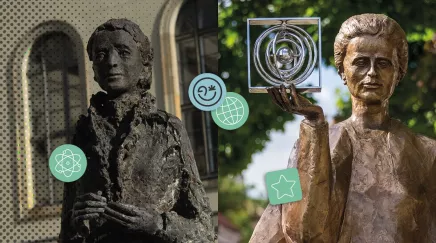 Deux statues de femmes scientifiques (Lise Meitner à droite à Berlin et Marie Curie à Varsovie) illustrant la place des femmes dans les métiers techniques