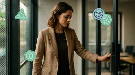 Femme fermant la porte vitrée d’un bureau moderne, symbole de la clôture d’une tâche