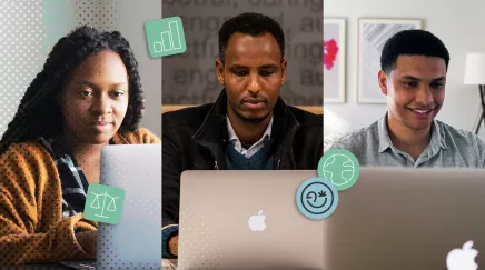 image scindée en 3 parties et qui représente 3 personnes chacune devant un ordinateur.