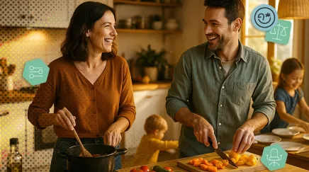 Un couple cuisine ensemble pendant que leurs enfants jouent dans la cuisine familiale.