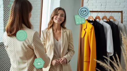 Femme en tailleur beige se regardant dans un miroir, choix vestimentaire professionnel