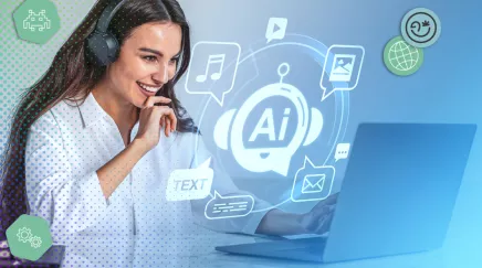 Femme utilisant un ordinateur portable avec un assistant IA à l’écran