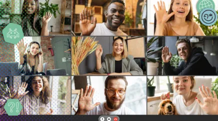 Participants en visioconférence saluant à l’écran lors d’une réunion à distance